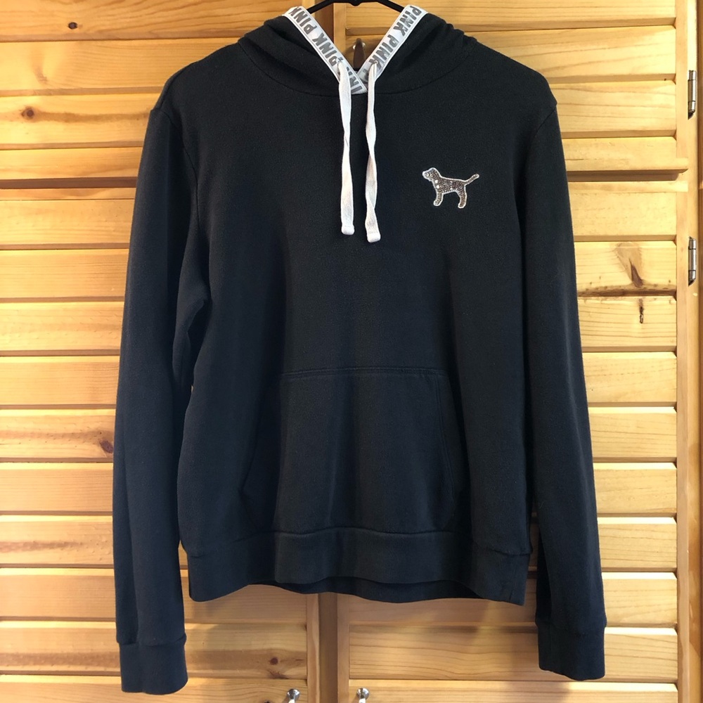 PINK Victoria's Secret Black Sequin Bling Dog Hoodie, Size M